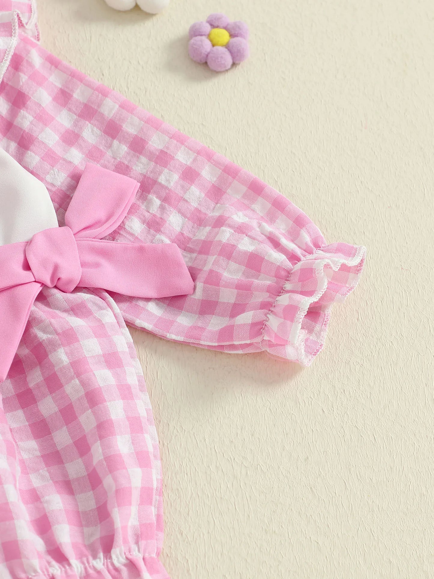 Baby Girls Plaid Bubble Romper - Duck Embroidery Long Sleeve Jumpsuit (0-18M)