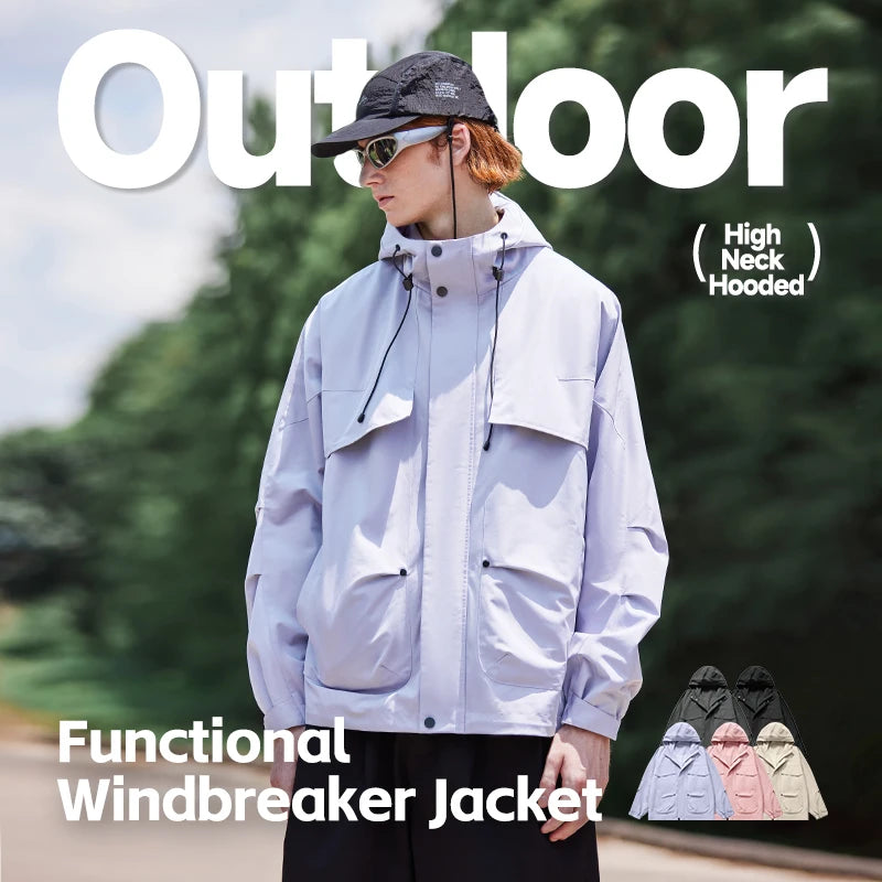 Unisex Mountain Cargo Windbreaker High Collar Zip Up Hooded Jacket