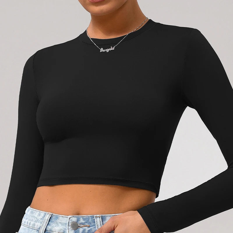 Women's Slim Fit Yoga Shirt Solid Colour Long Sleeve Gym Running Top Breathable Quick Dry Workout Crop Top Sportswear