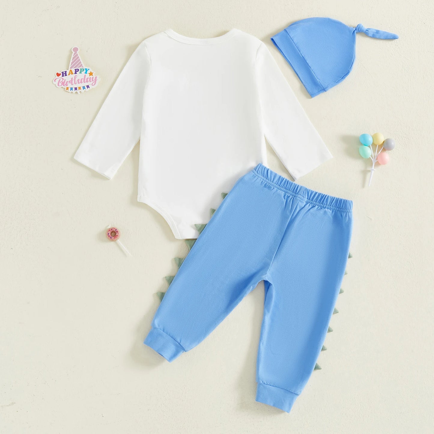 Newborn Baby Boys Birthday Clothing Set - Dinosaur Embroidery Romper, Pants & Hat 3-Piece (0-18M)