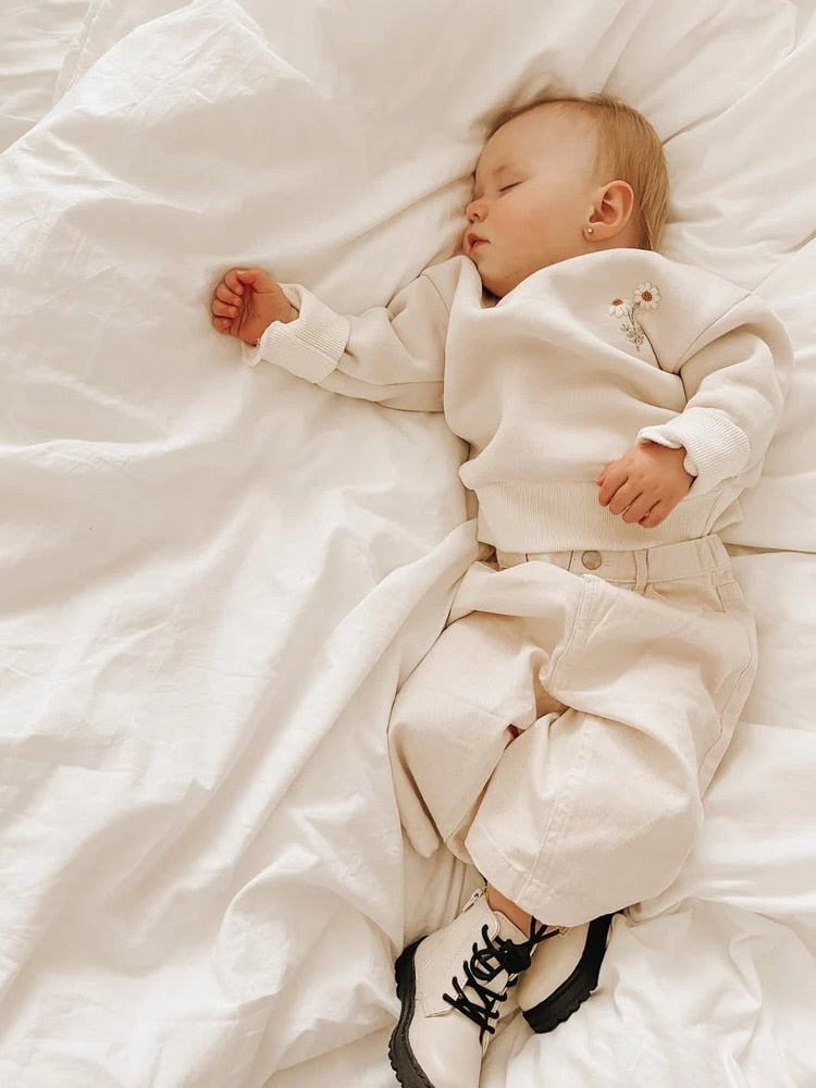 Children's 2Pcs Embroidery Thicken Fleece Warm Sweatshirt and Pants Set Outfit