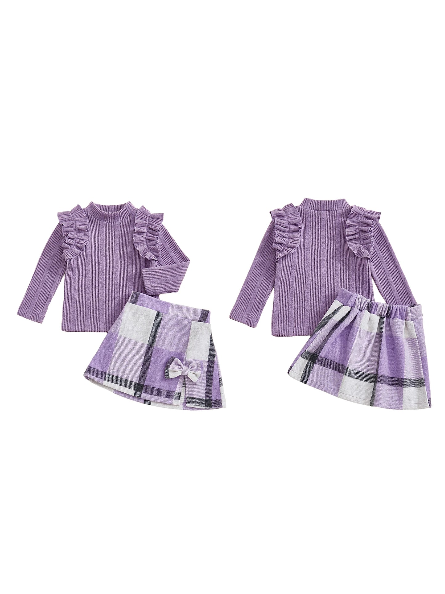 Girl's Skirt Set - Long Sleeve Crew Neck T-Shirt with Plaid Skirt