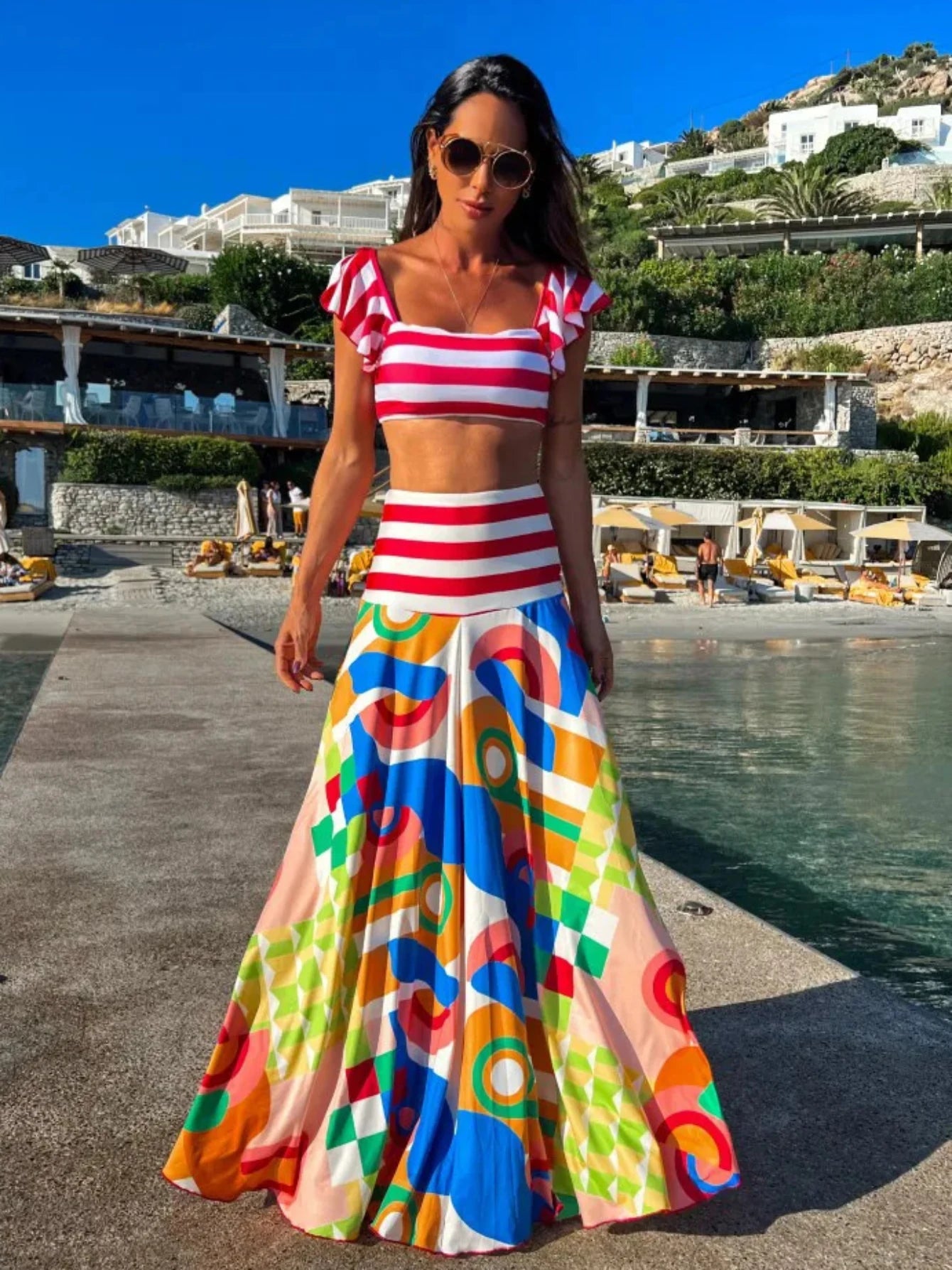 Women's Print Beach Two Piece Skirt White Bra High Waist A-line Long Skirt Beach Set