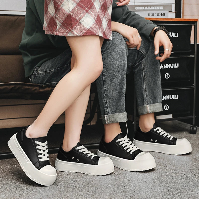 Men's Leather Platform Sneakers - Vulcanized Tennis Sports Shoes