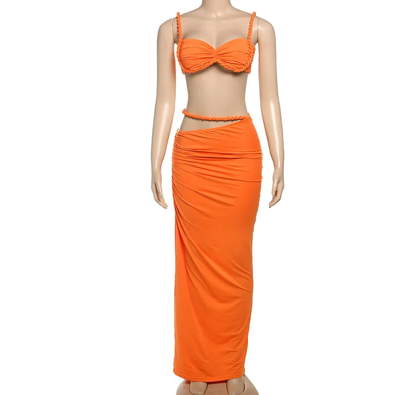 Women's Ruched Bandage 2 Piece Set Backless Decorative Cord Top and Skirt Dress Set