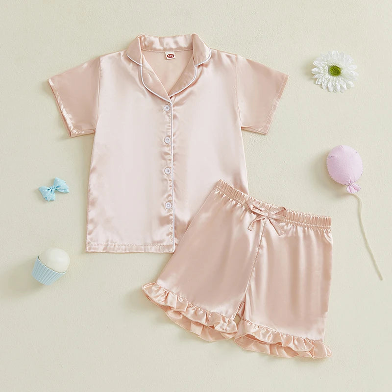 Baby Girls' Summer Pajamas Set - Button Down V-Neck Short Sleeve Top & Ruffled Shorts