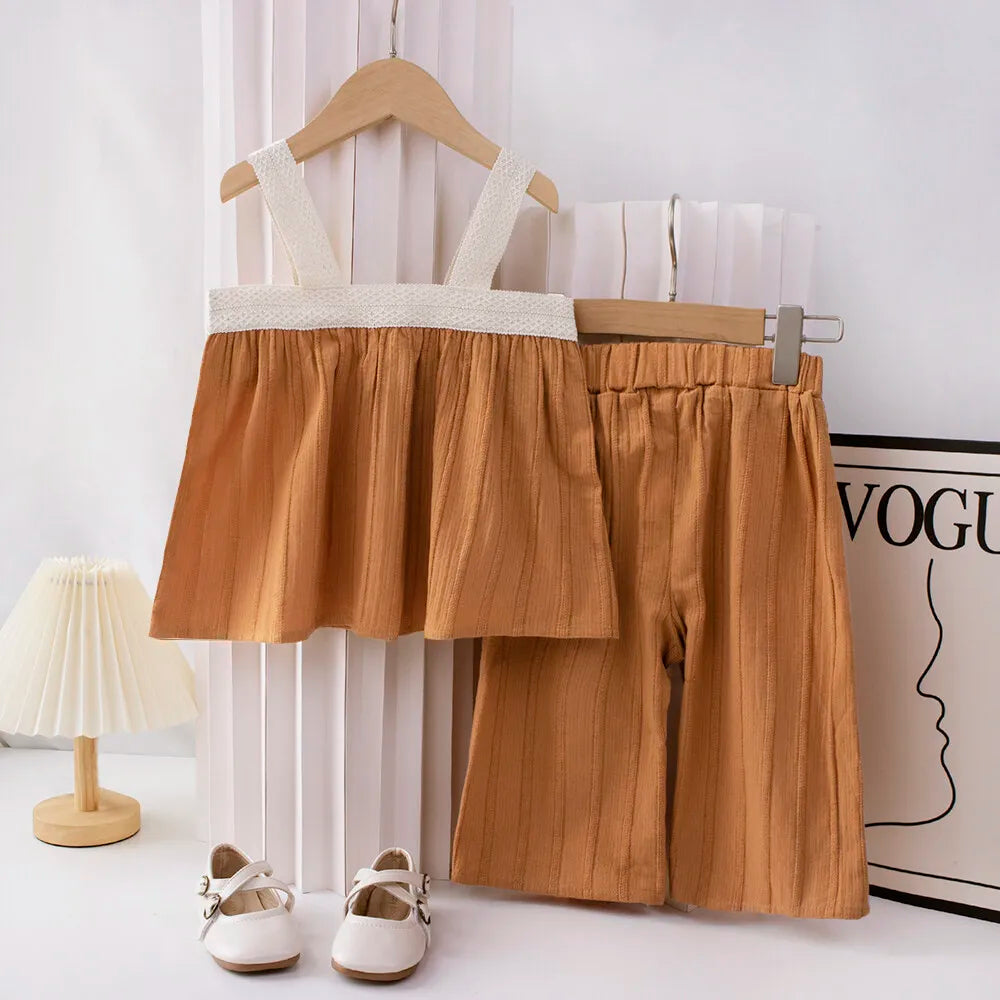 Girl's 2 Piece Set Lace Patchwork Suspender Top and Pleated Wide Leg Pants Set