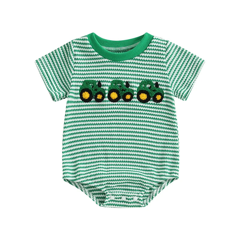 Baby Waffle Truck Embroidery Romper - Stripe Print Summer Jumpsuit (0-18M)