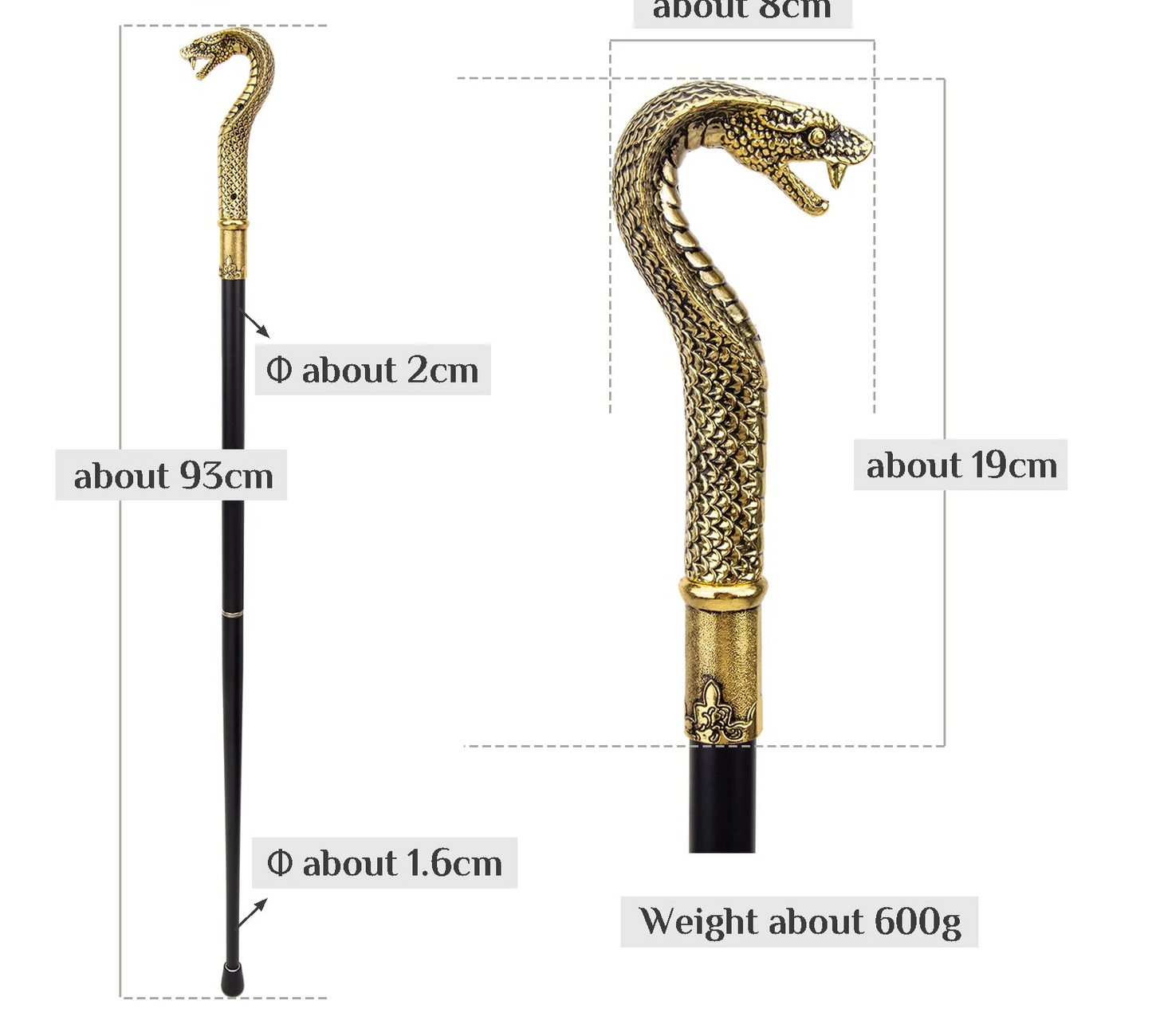 Luxury Snake Handle Walking Stick 93cm - Elegant Gold Black Decorative Cane