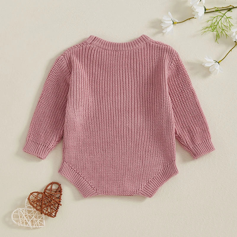 Newborn Baby Girl's Sweater Romper - Heart Knit Long Sleeve Jumpsuit for Valentine's