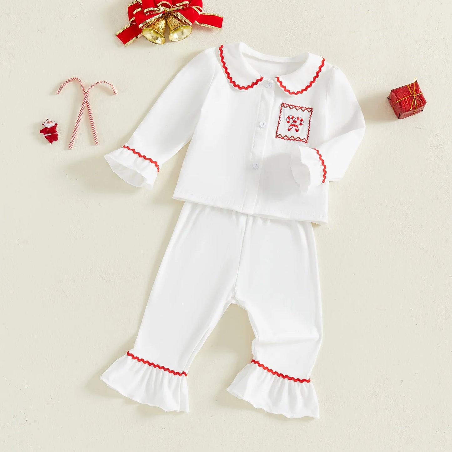 Toddler Girls Christmas Pajamas Set - Candy Cane Long Sleeve Top & Elastic Waist Pants (0-4Y)