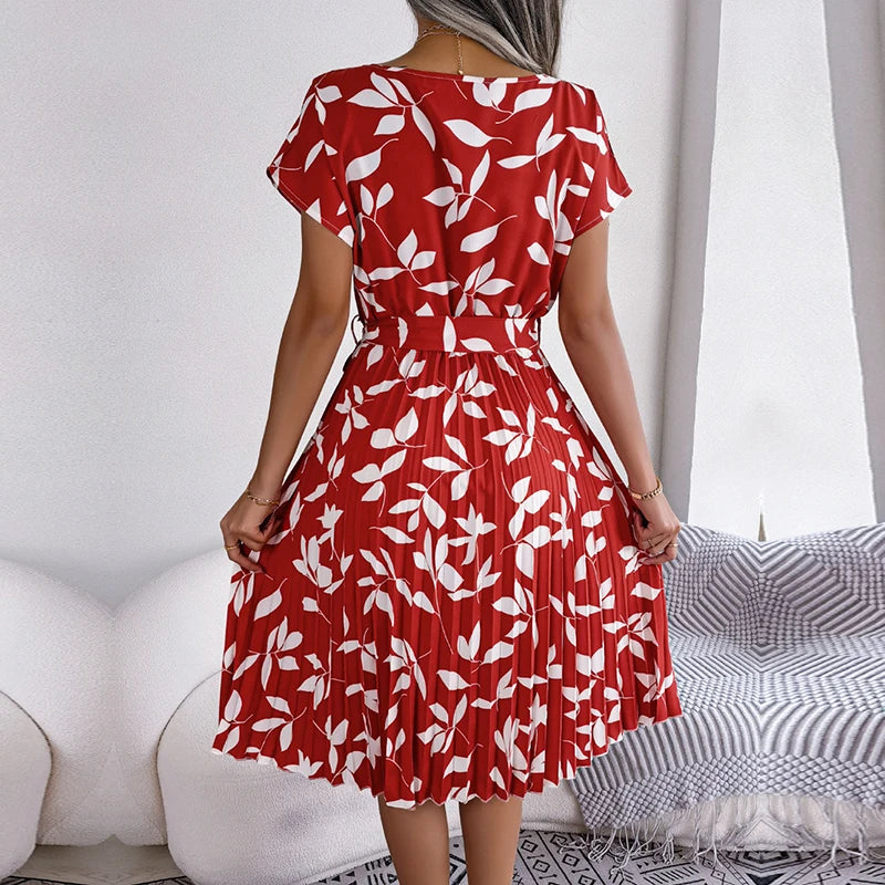 Women's Floral Pleated A Line Long Spring Summer Short Sleeve High Waist Chic Dress