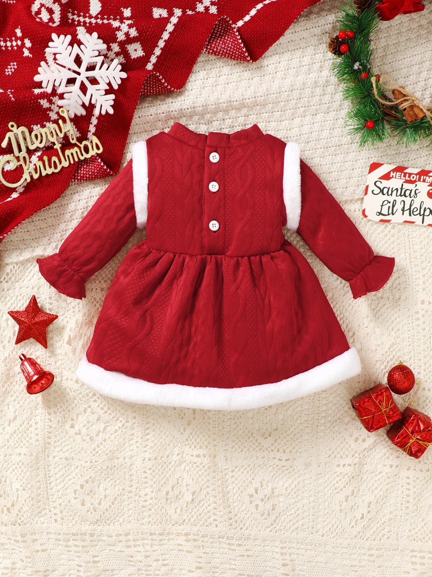 Baby Girls Christmas Dress - Long Sleeve Bow Patchwork Winter Party Dress