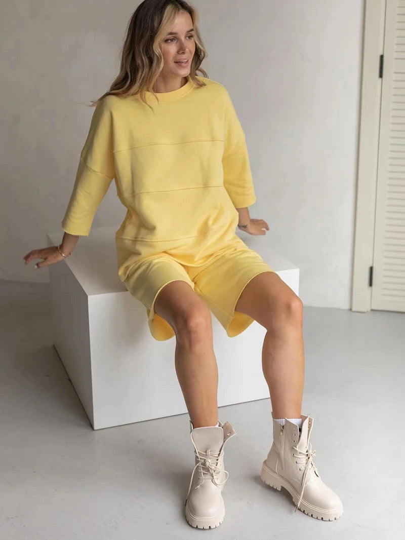 Women's 100% Cotton Shorts Set Half Sleeve Patchwork T Shirts & High Waist Shorts Two Pieces Set