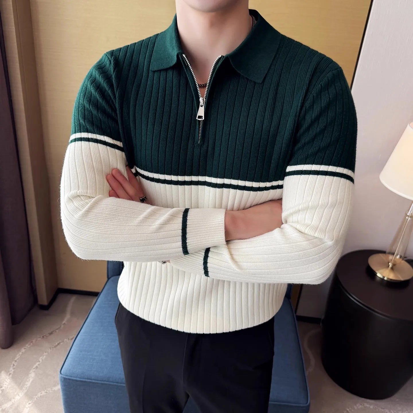 Men's Autumn Winter Polo Collar Sweater - Patchwork Knit Pullover