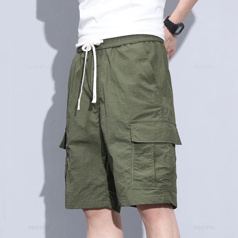 Summer Ultrathin Shorts Pants Men Cargo Work Side Pockets Joggers Grey Bermuda Knee Beach Nylon Short Pant Male Big Size M-5XL