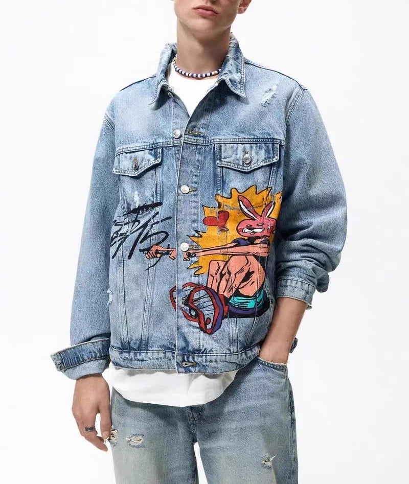 Men's Spring and Autumn Print Denim Jacket