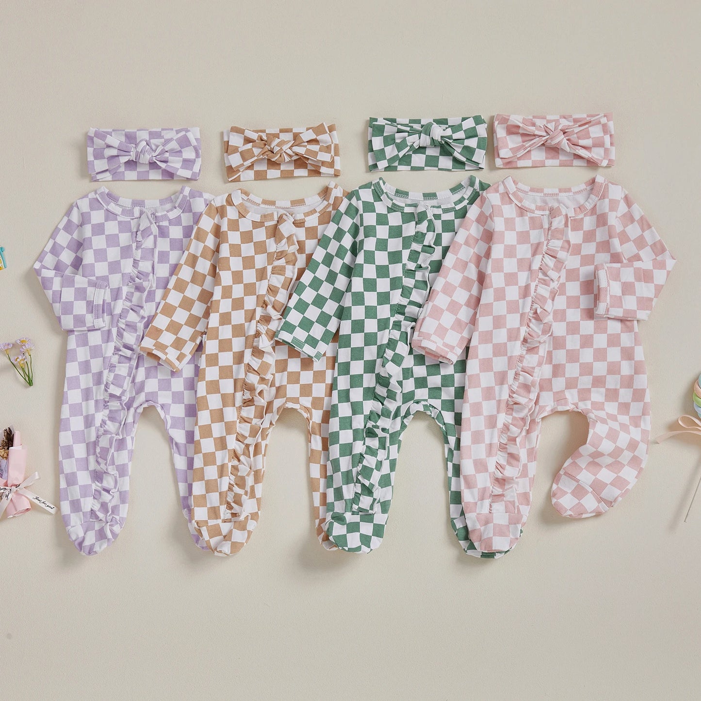 Newborn Baby Footie Set with Headband - Checkerboard Ruffled Zip Front Jumpsuit
