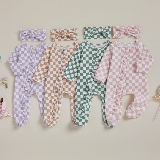Newborn Baby Footie Set with Headband - Checkerboard Ruffled Zip Front Jumpsuit
