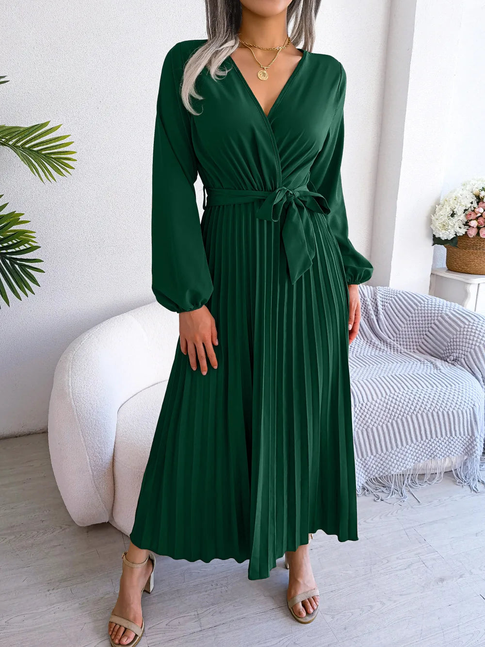 Women's Spring Summer Cross V Neck Large Hem Pleated Long Dress
