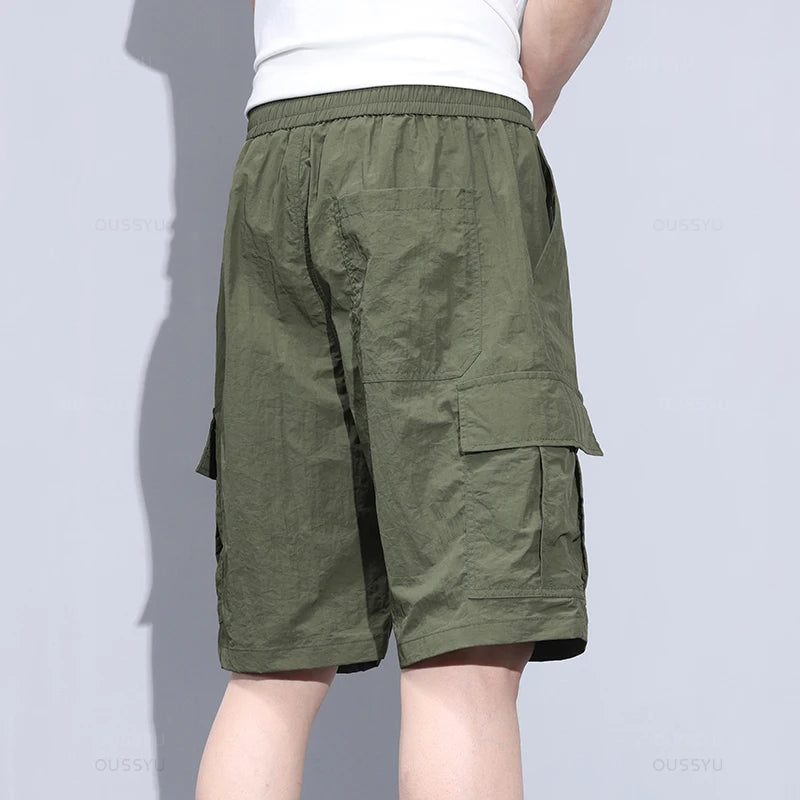 Summer Ultrathin Shorts Pants Men Cargo Work Side Pockets Joggers Grey Bermuda Knee Beach Nylon Short Pant Male Big Size M-5XL