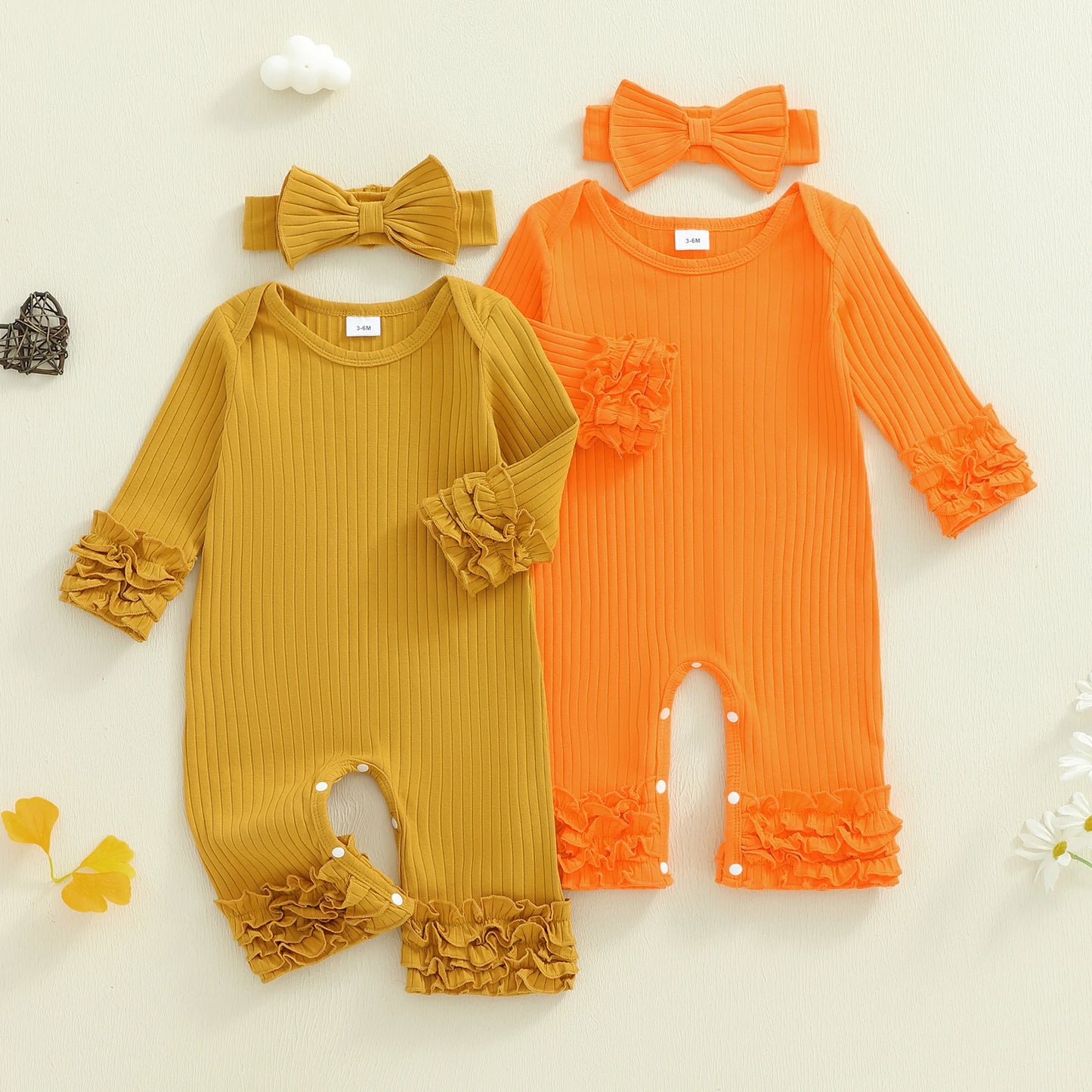 Baby Girls Solid Colour Romper with Bow Headband (0-18M)
