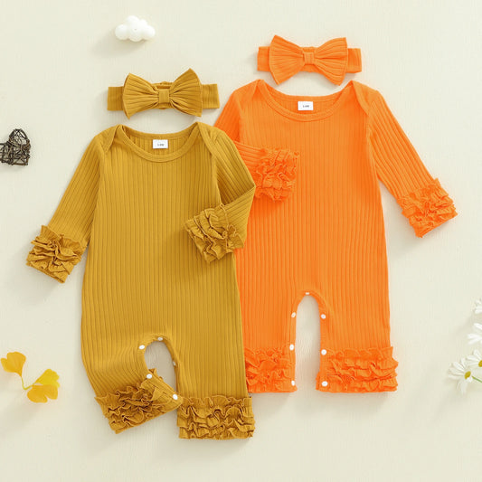 Baby Girls Solid Colour Romper with Bow Headband (0-18M)