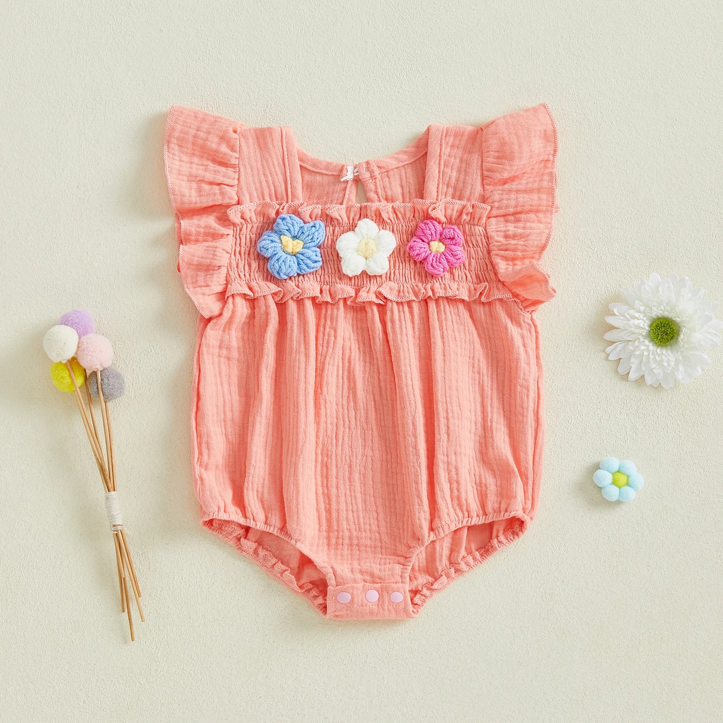 Newborn Baby Girls Flower Embroidery Romper - Smocked Flying Sleeve Jumpsuit (0-12M)