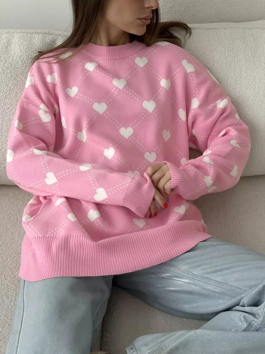 Women's Love Heart Printed Round-neck Pullover Sweater