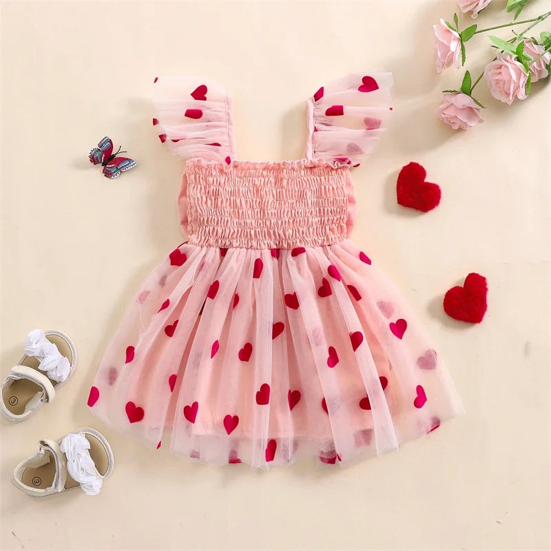 Little Girls' Princess Tulle Dress - Heart Print Ruffles 3D Bow Mesh Tutu