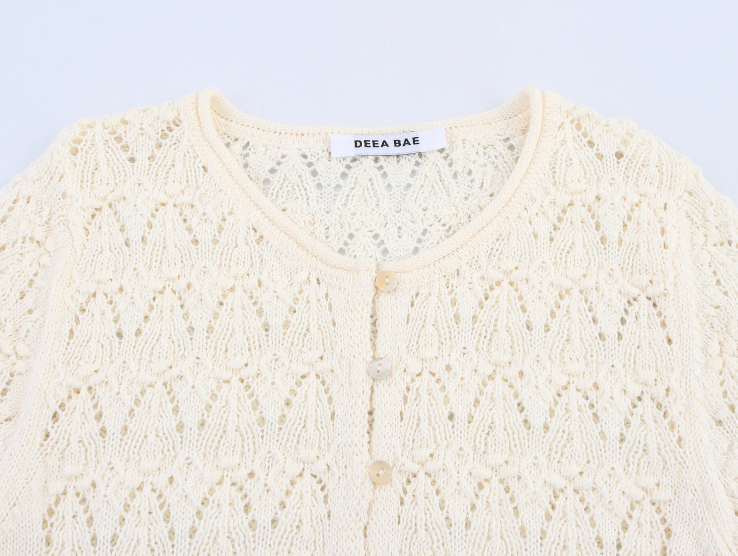 Women's Summer Hollow Embroidery Decoration Splicing Knitted Style Round Neck Short Sleeved Top