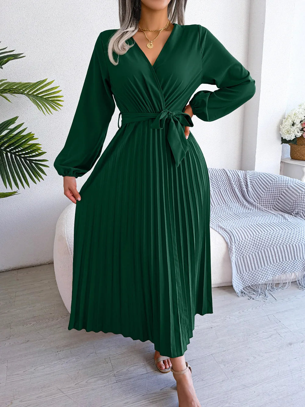 Women's Spring Summer Cross V Neck Large Hem Pleated Long Dress