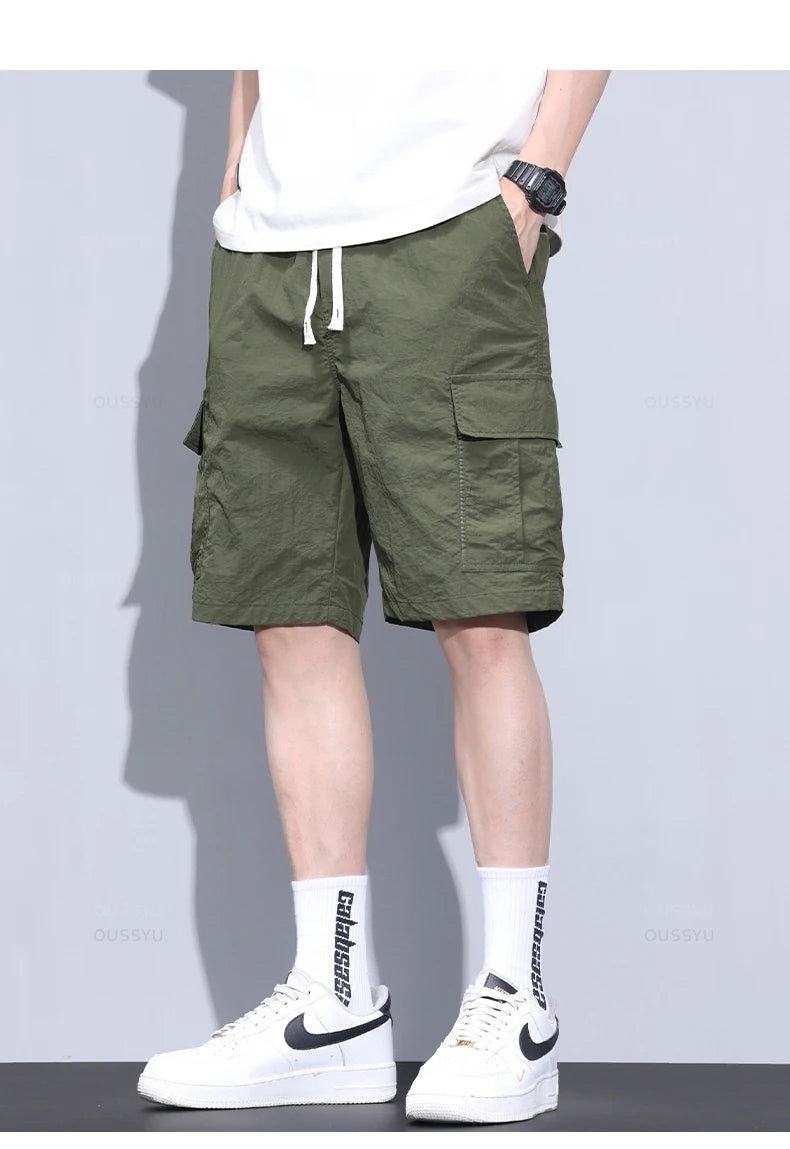 Summer Ultrathin Shorts Pants Men Cargo Work Side Pockets Joggers Grey Bermuda Knee Beach Nylon Short Pant Male Big Size M-5XL