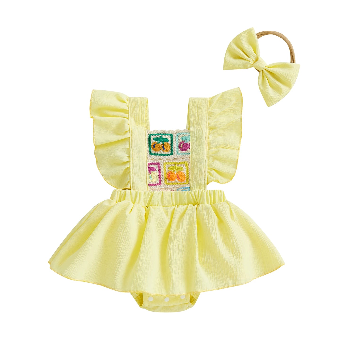 0-18M 2pcs Baby Girls Rompers Dress Cherry Embroidery Ruffles Fly Sleeve Skirt Hem Jumpsuits with Headband