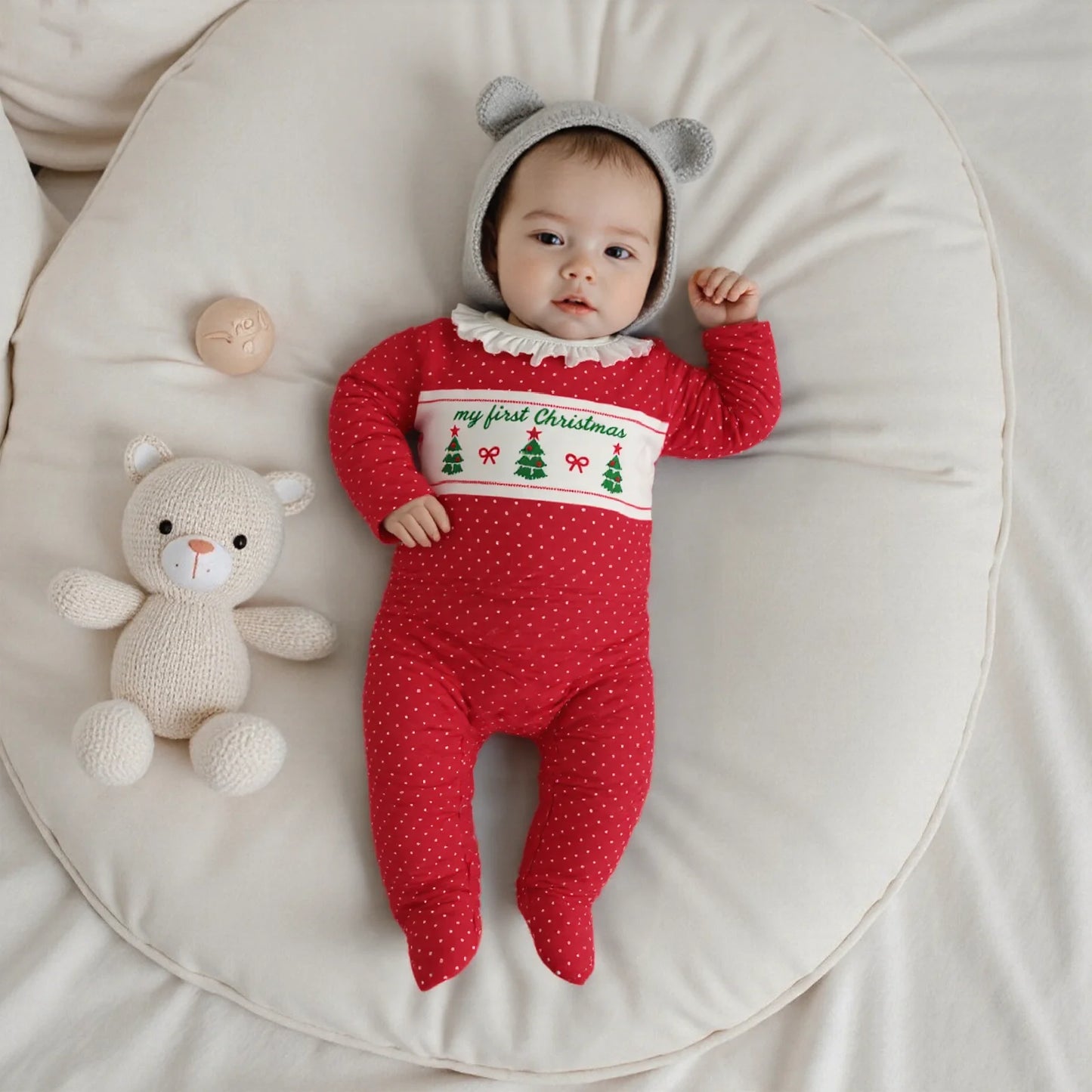 Newborn Baby Girls Christmas Footed Romper - Tree Embroidery Dot Print (0-12M)