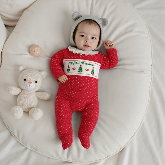 Newborn Baby Girls Christmas Footed Romper - Tree Embroidery Dot Print (0-12M)