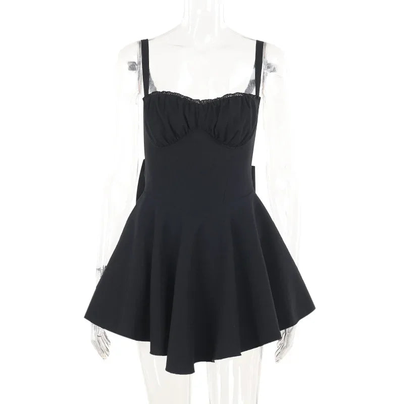 Women's Bows Spaghetti Strap Plunge Bodycon Mini Zipper A-Line Backless Folds Party Dress