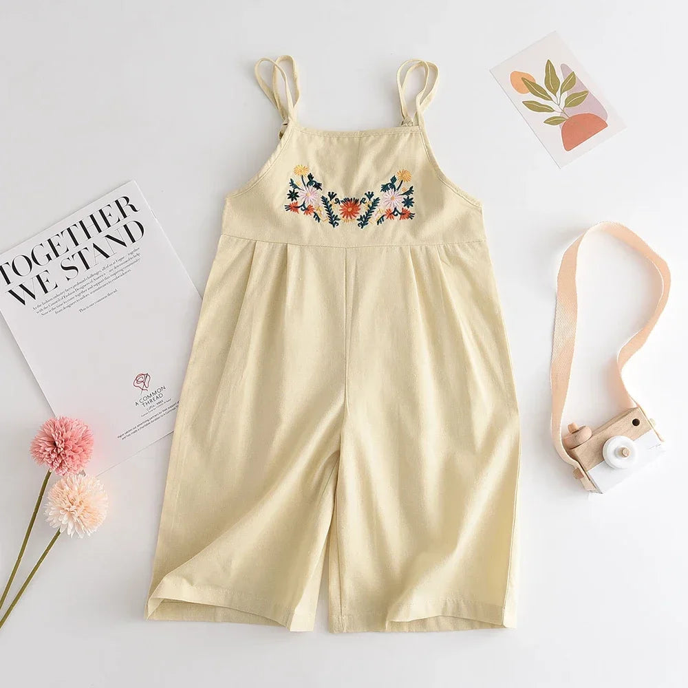 Girls Summer Overalls - Embroidered Flower Sling Cotton Pants
