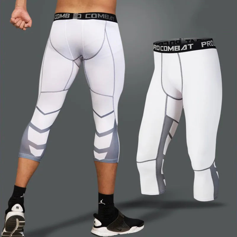 Men's Sports 3/4 Cropped Gym Running Leggings  Elastic Compressions Sweatpant Tights