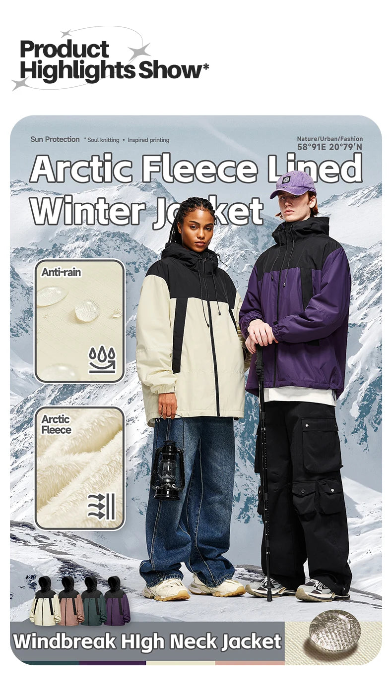 Unisex Winter Arctic Velvet Inner Parkas  High Neck Windproof Cotton Padded Hooded Jacket Outdoor Coat