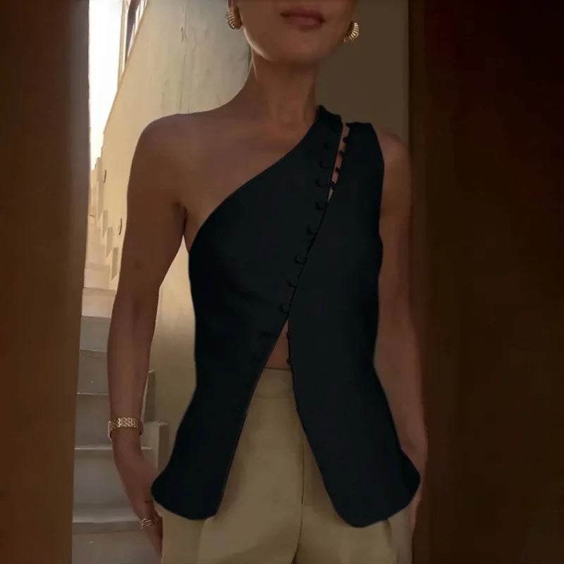 Women's Elegant Asymmetrical Top with Hook and Eye - Cut Out Backless Split Vest