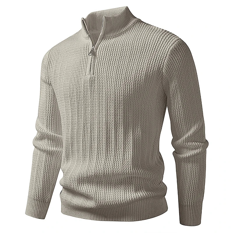 Men's Stand Collar Half-Zip Sweater - Loose Fit Solid Colour Knit Pullover for Autumn Winter