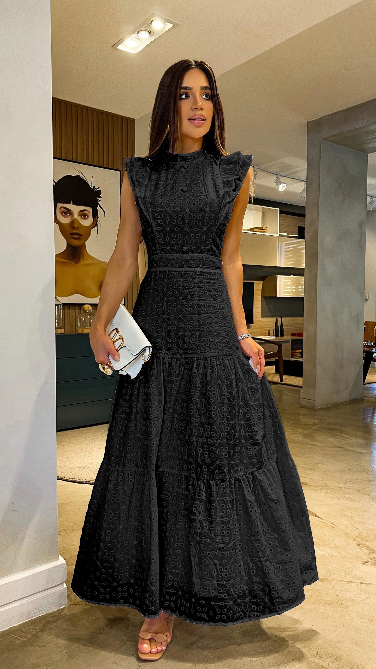 Women's Bohemian Hollow Out Elegant Round Neck Flying Sleeve Button Long Summer Dress