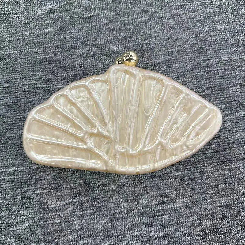 Women's Shell Fan-Shaped Evening Bag - Luxury Acrylic Crossbody Clutch with Pearl Details