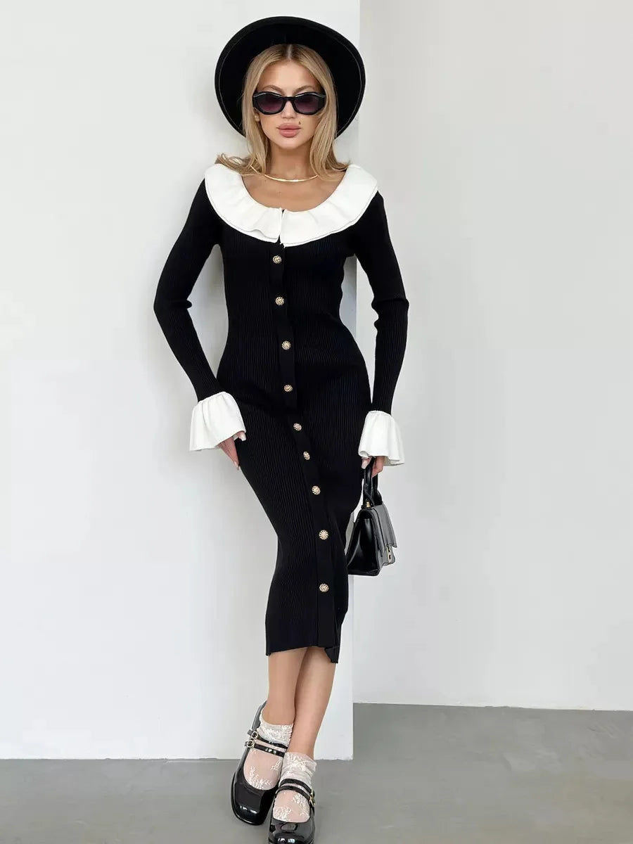 Women's Knitted Long Splice Contrast Colour Bodycon Sweater Elegant Flare Sleeve Dress