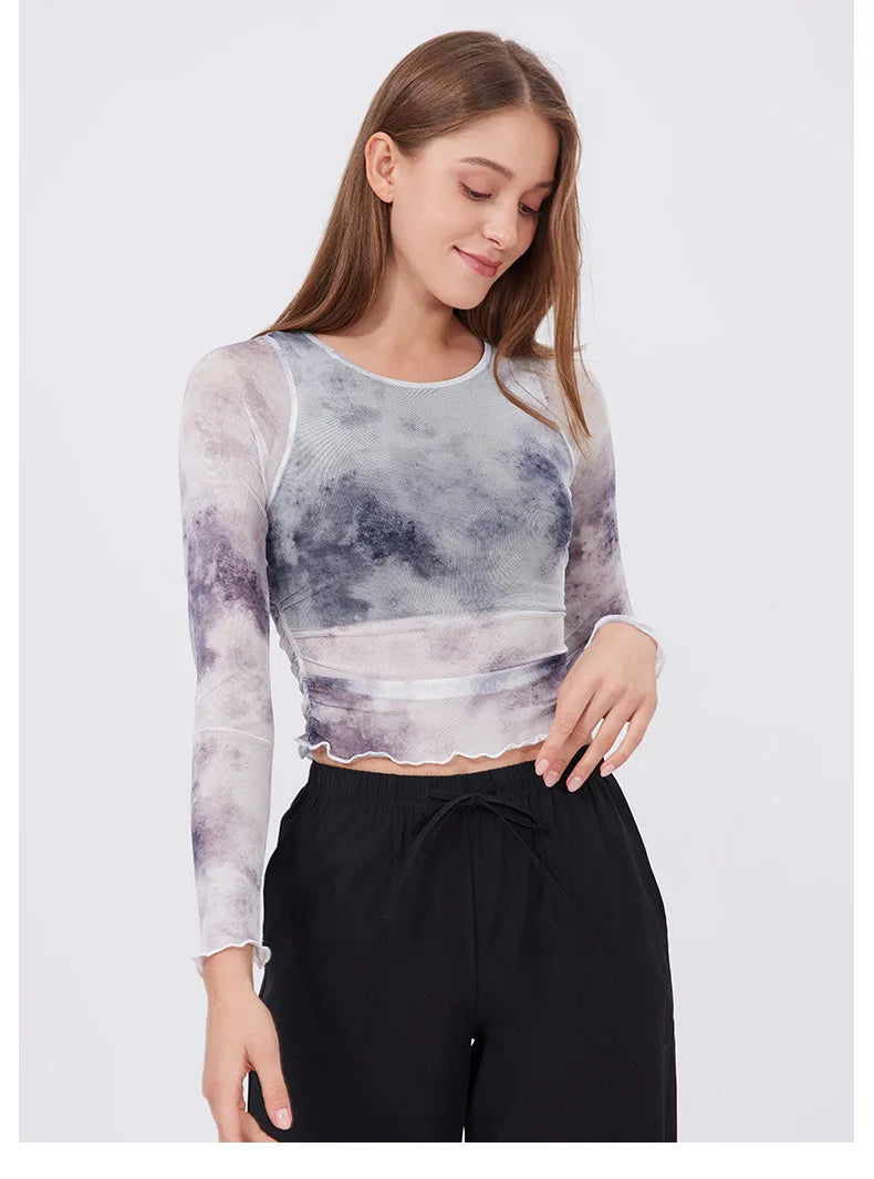 Women's Long Sleeve Yoga Shirt Women Tie-Dye 2 In 1 Gym Crop Top Slim Fit Breathable Running Top With Chest Pads Sportswear