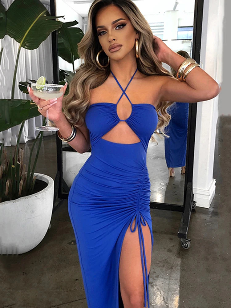 Women's Halter Backless Sleeveless Cut Out Maxi Elegant Party Slit Dress