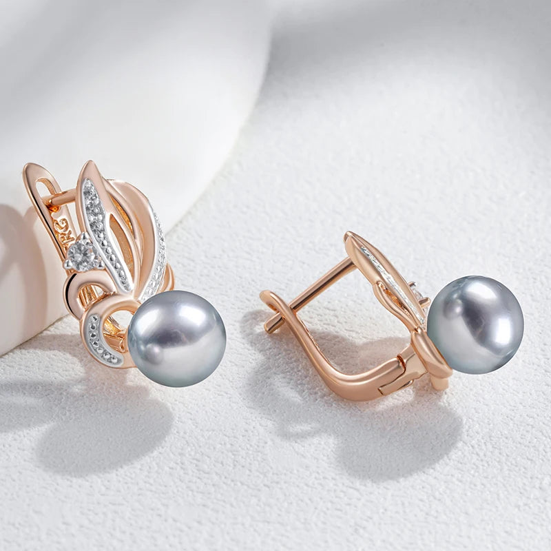 Natural Zircon Flower Gray Pearl Drop Earrings - Rose Gold Boho Wedding Jewelry