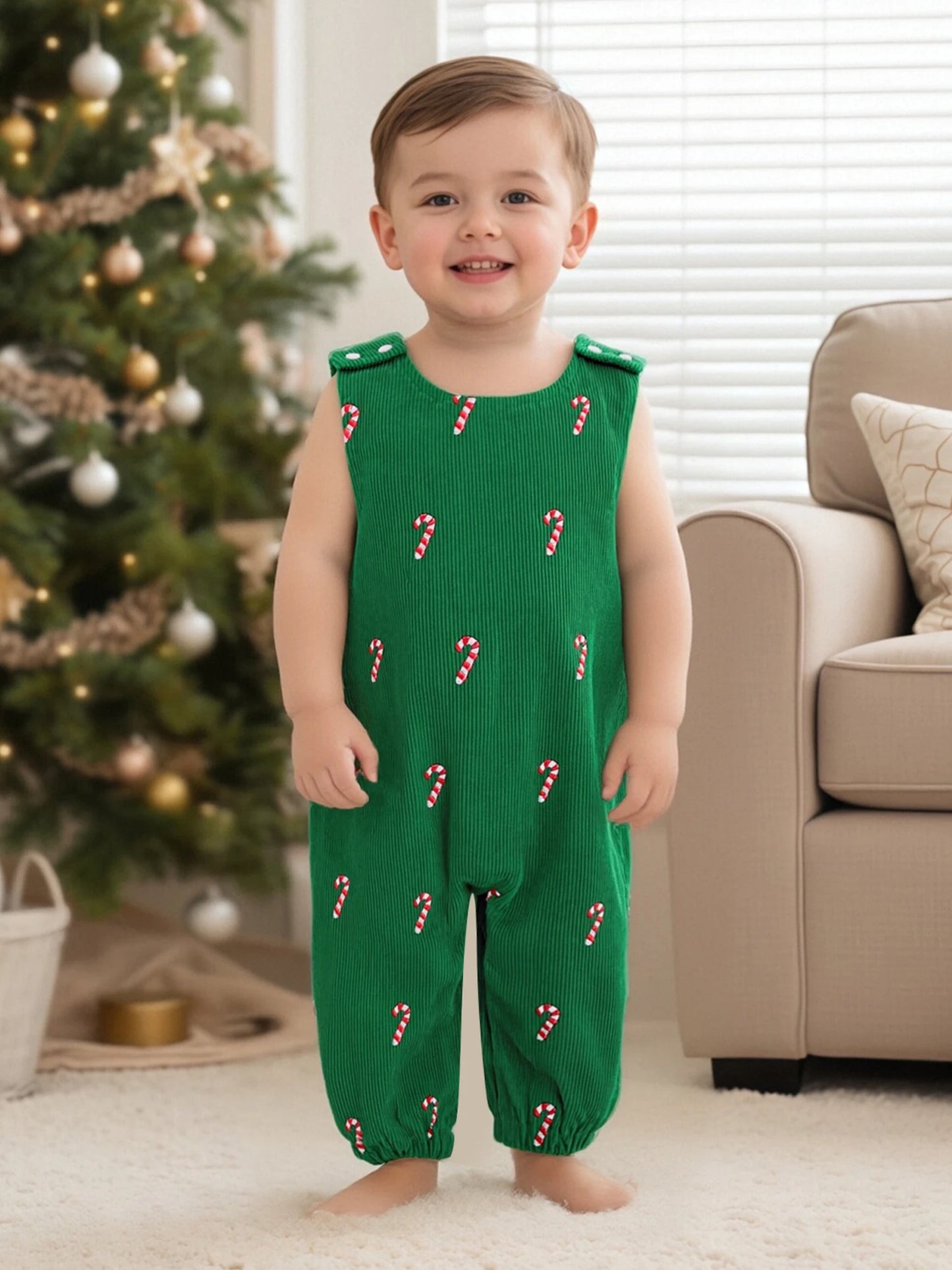 Newborn Baby Boys Christmas Romper - Sleeveless Round Neck Candy Cane Embroidery Jumpsuit