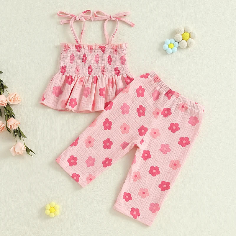 0-4Y Kids Girls Clothes Set Flower Print Sleeveless Lace Up Pleated Camisole with Trousers 2pcs Set